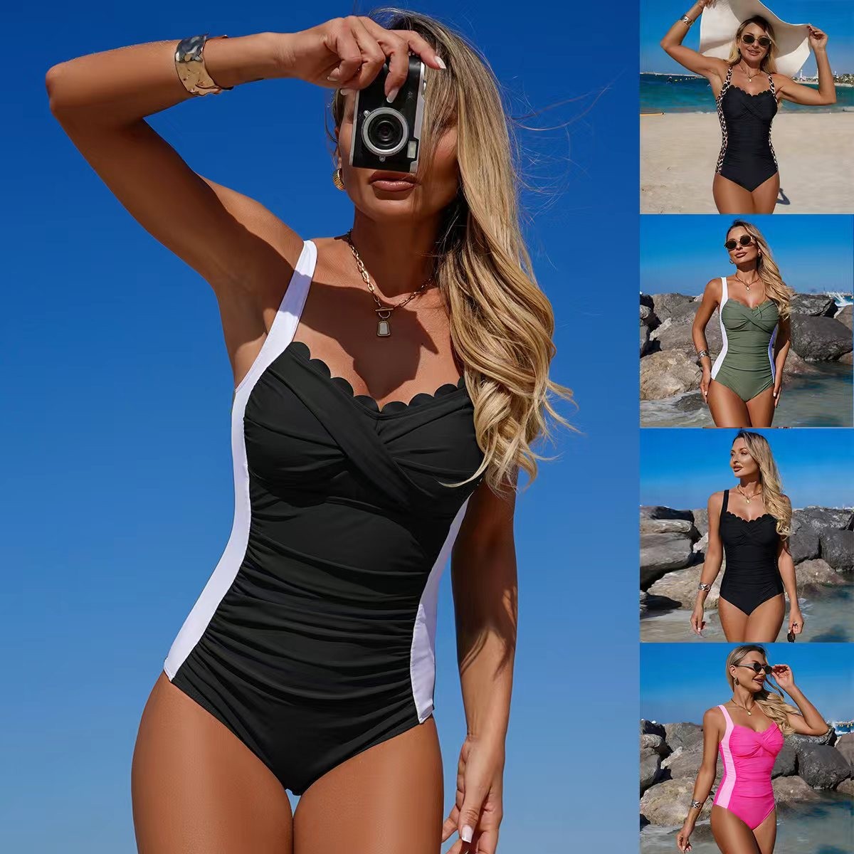 Swimsuit One Piece - Maiô Preto com Decote Ondulado e