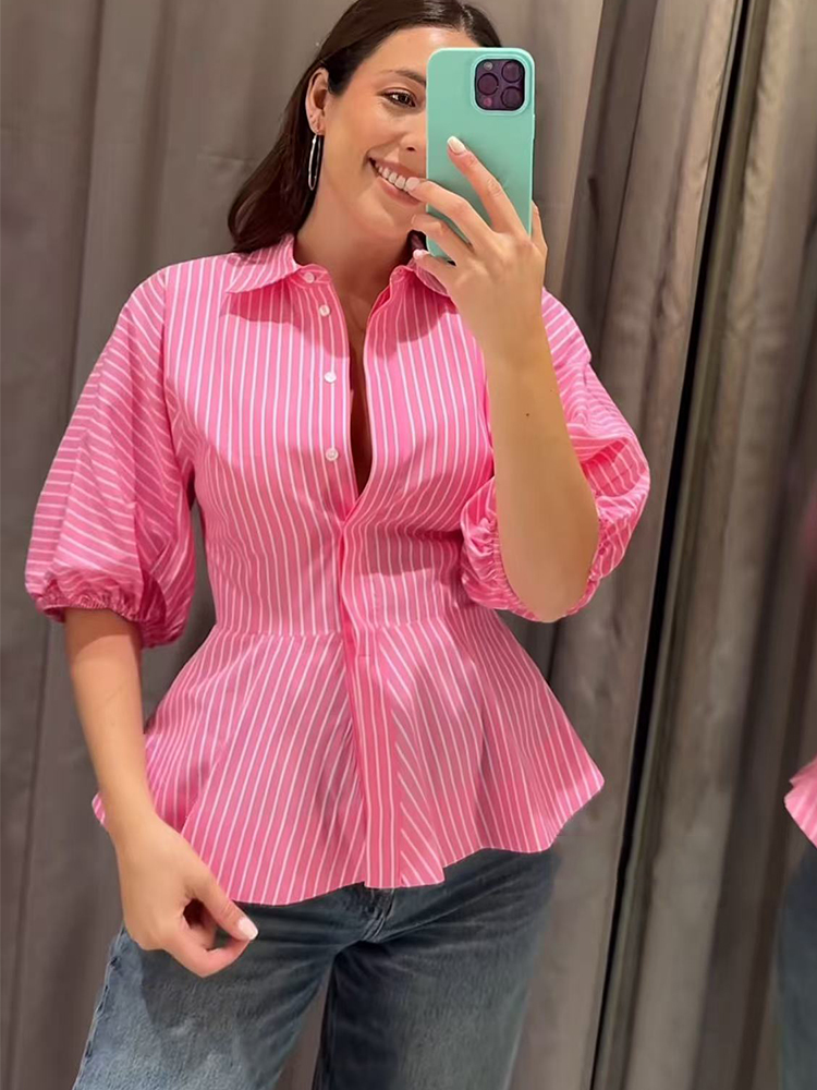 Summer Clothing For Teens - Camisas Femininas Listradas TFMLN, Ajuste Slim,