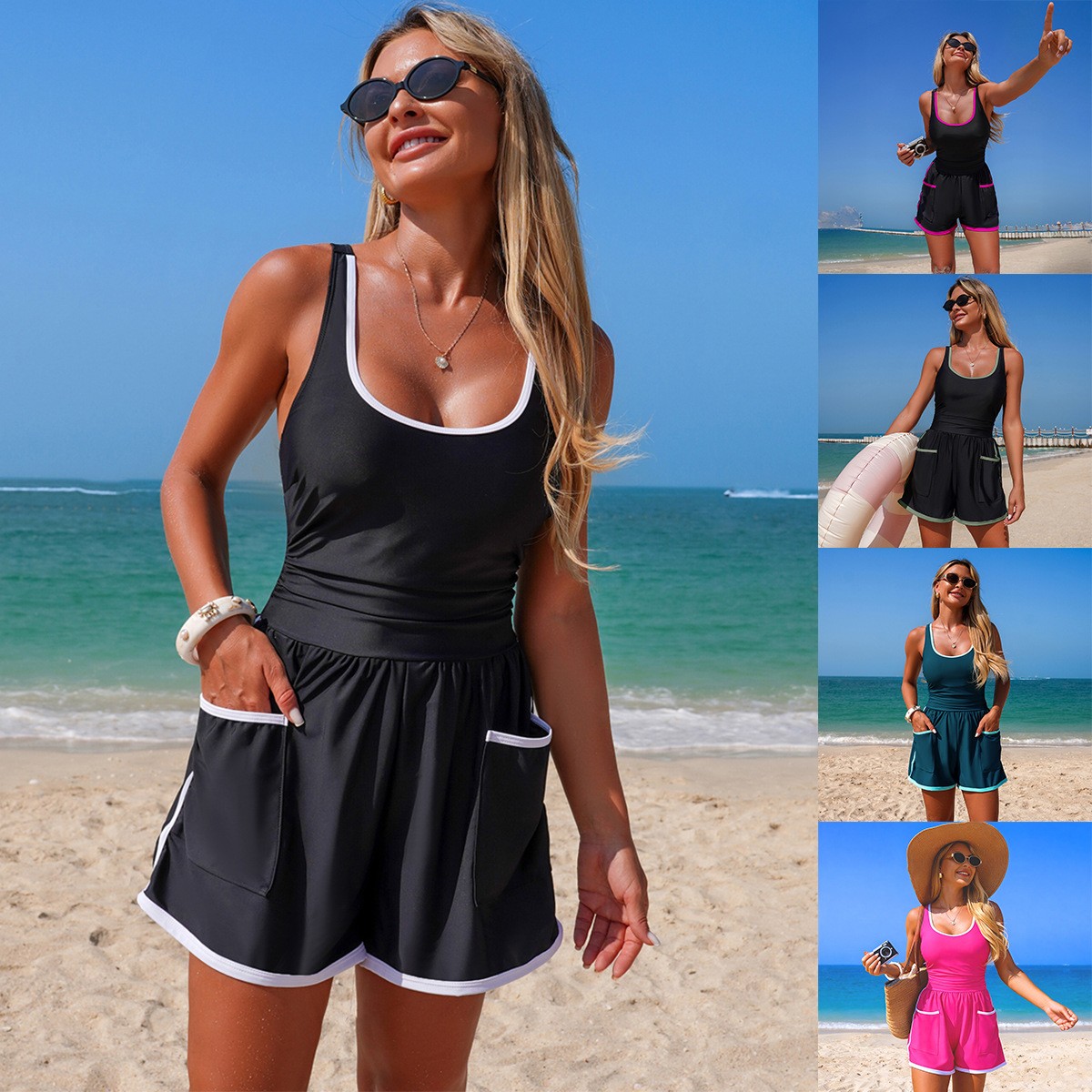 Swimsuit One Piece - Maiô Preto com Detalhes Brancos, Sem