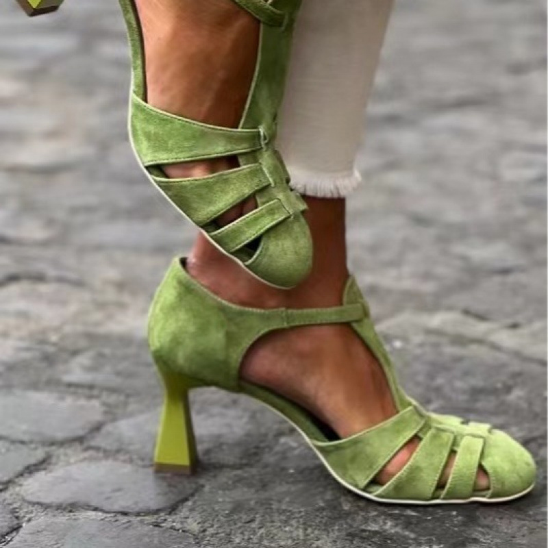 Summer Clothing Office - Sandálias Femininas Verdes de Camurça com